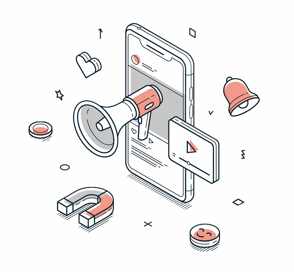 Markenstrategie Markencheck tac office marketing Illustration eines Smartphones, aus dem ein Megafon herausragt. Um das Gerät herum schweben Symbole für digitales Marketing: Magnet, Glocke, Herz, Play-Button, Smileys und Sterne.