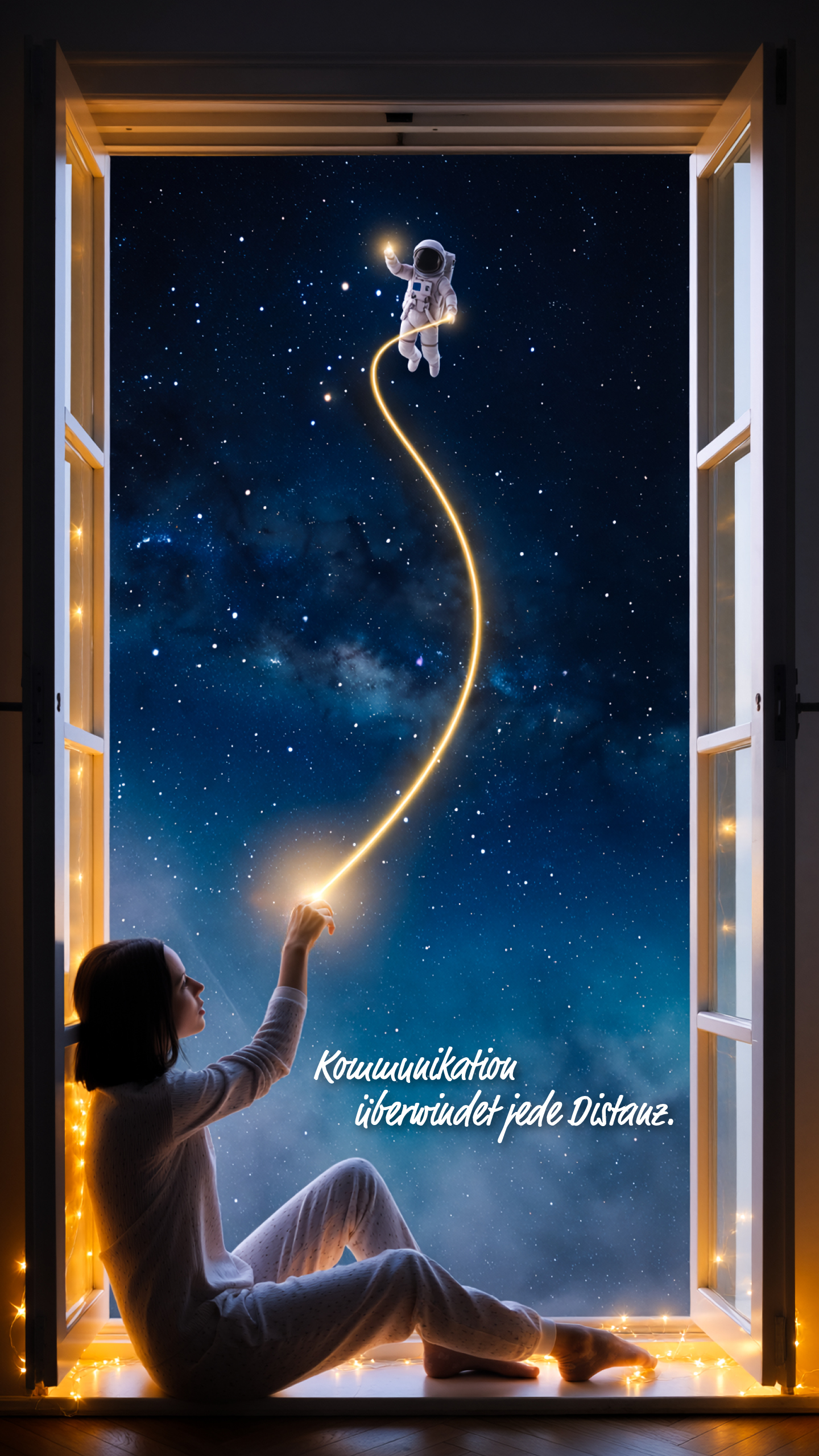Eine Person sitzt am Fenster und berührt eine Leuchtspur, die zu einem Astronauten im Weltraum führt. Text: Kommunikation überwindet jede Distanz.