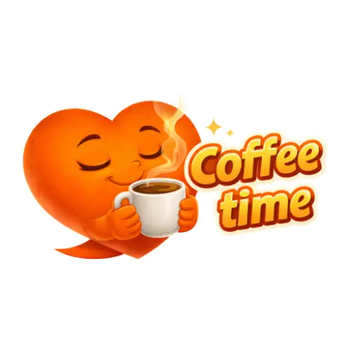 Orangenes Cartoon-Herz hält eine Kaffeetasse und genießt den Duft, daneben der Text "Coffee time".