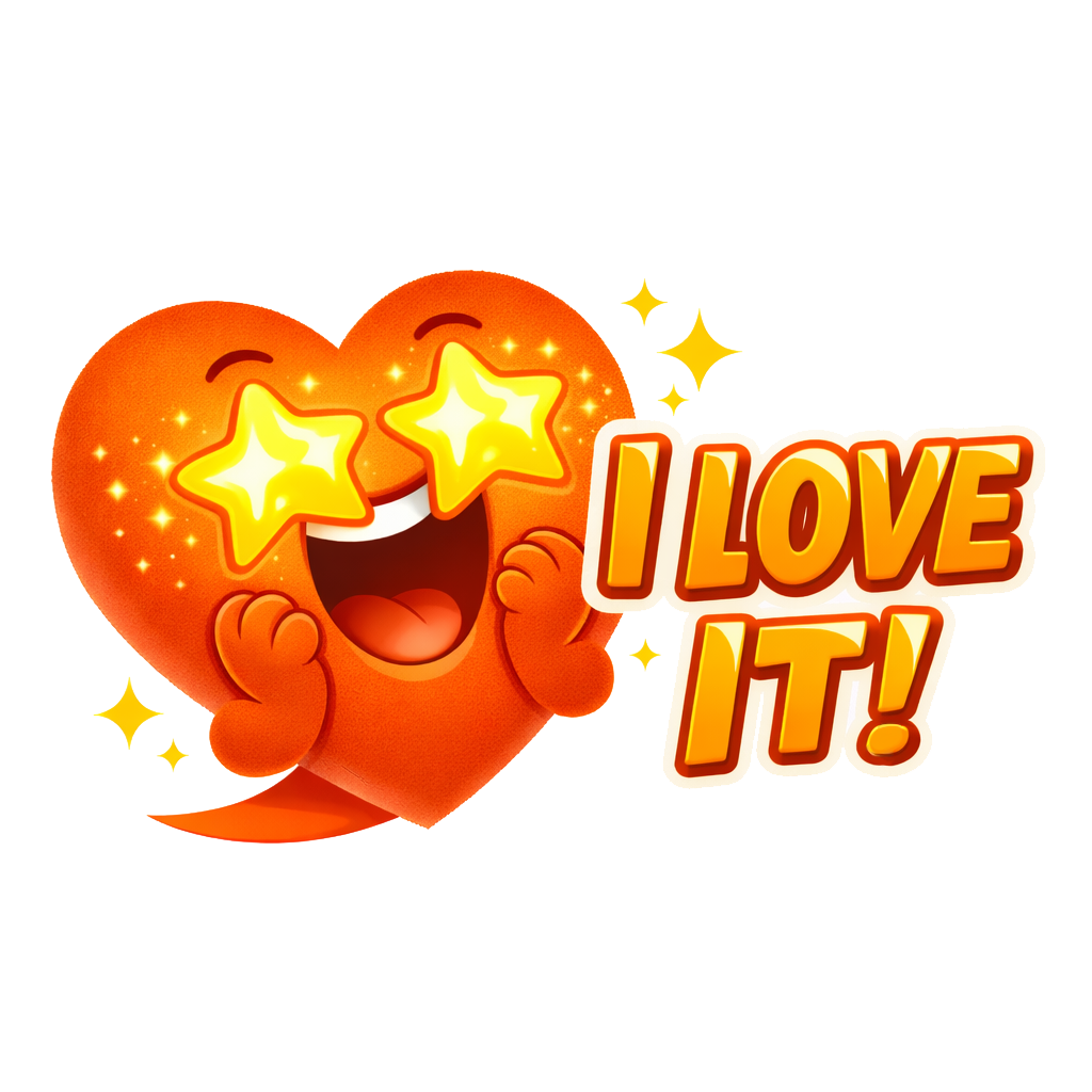 Sticker: Begeistertes orangenes Cartoon-Herz mit Sternen-Augen, daneben der Text "I love it!"