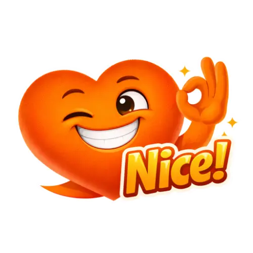 Orangenes Cartoon-Herz lächelt, zwinkert, macht ein "Okay" Symbol mit der Hand, daneben der Text "Nice!".
