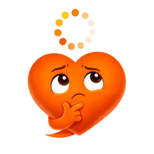 Orangenes Cartoon-Herz schaut nachdenklich in die Luft, darüber ein Ladesymbol.