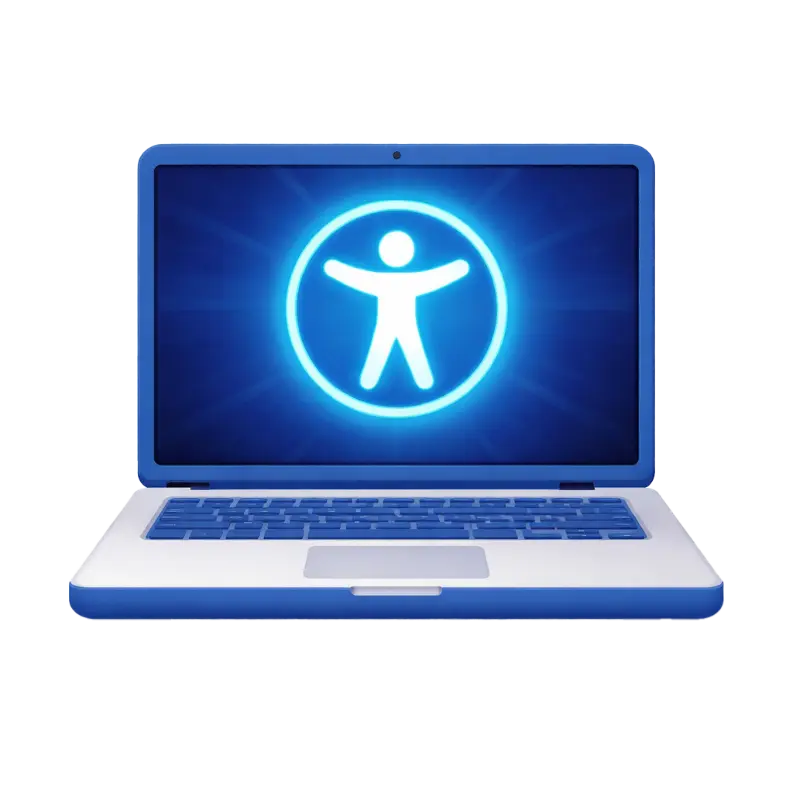 Ein blauer Laptop, auf dessen Bildschirm ein leuchtendes weißes Symbol für digitale Barrierefreiheit (stilisierte Person im Kreis) zu sehen ist.