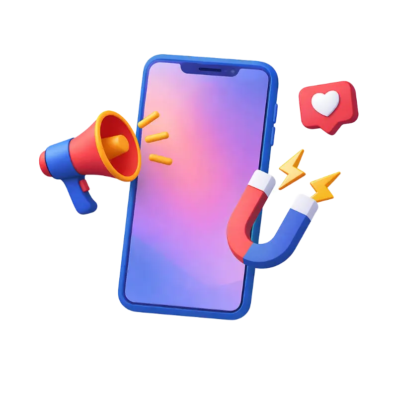 Ein blaues Smartphone umgeben von einem schwebenden roten Megafon, einem Hufeisenmagneten mit Blitzen und einer roten Like-Sprechblase mit Herz.