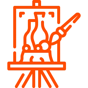 Orangefarbene Linienzeichnung einer Staffelei mit einer Leinwand, auf der Vasen abgebildet sind, und einem davor schwebenden Pinsel.