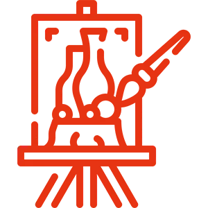 Orangefarbene Linienzeichnung einer Staffelei mit einer Leinwand, auf der Vasen abgebildet sind, und einem davor schwebenden Pinsel.