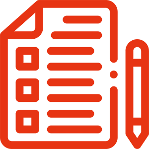 Orangefarbene Linienzeichnung eines Klemmbretts mit einer Checkliste und einem daneben stehenden Stift.