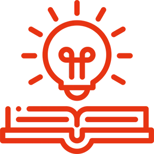 Orangefarbene Strichgrafik einer leuchtenden Glühbirne, die über einem aufgeschlagenen Buch schwebt.
