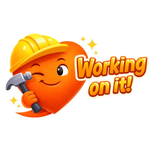 Orangenes Cartoon-Herz zwinkert, hat einen Schutzhelm auf und Hammer in der Hand. Text: Working on it!