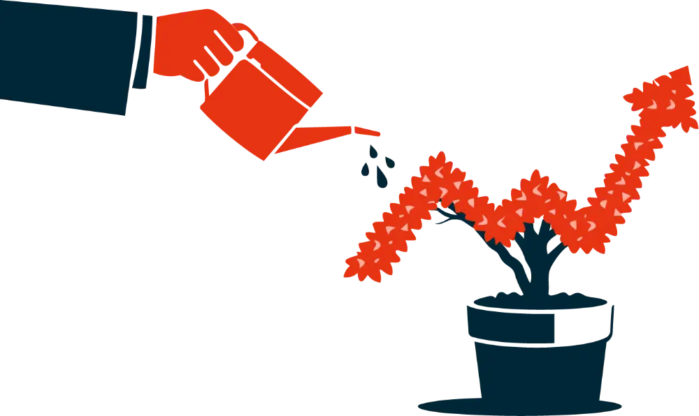 Illustration einer Hand im Anzug, die mit einer Gießkanne eine Pflanze in einem Topf gießt, deren rote Blätter die Form einer ansteigenden Kurve mit einem Pfeil nach oben bilden.